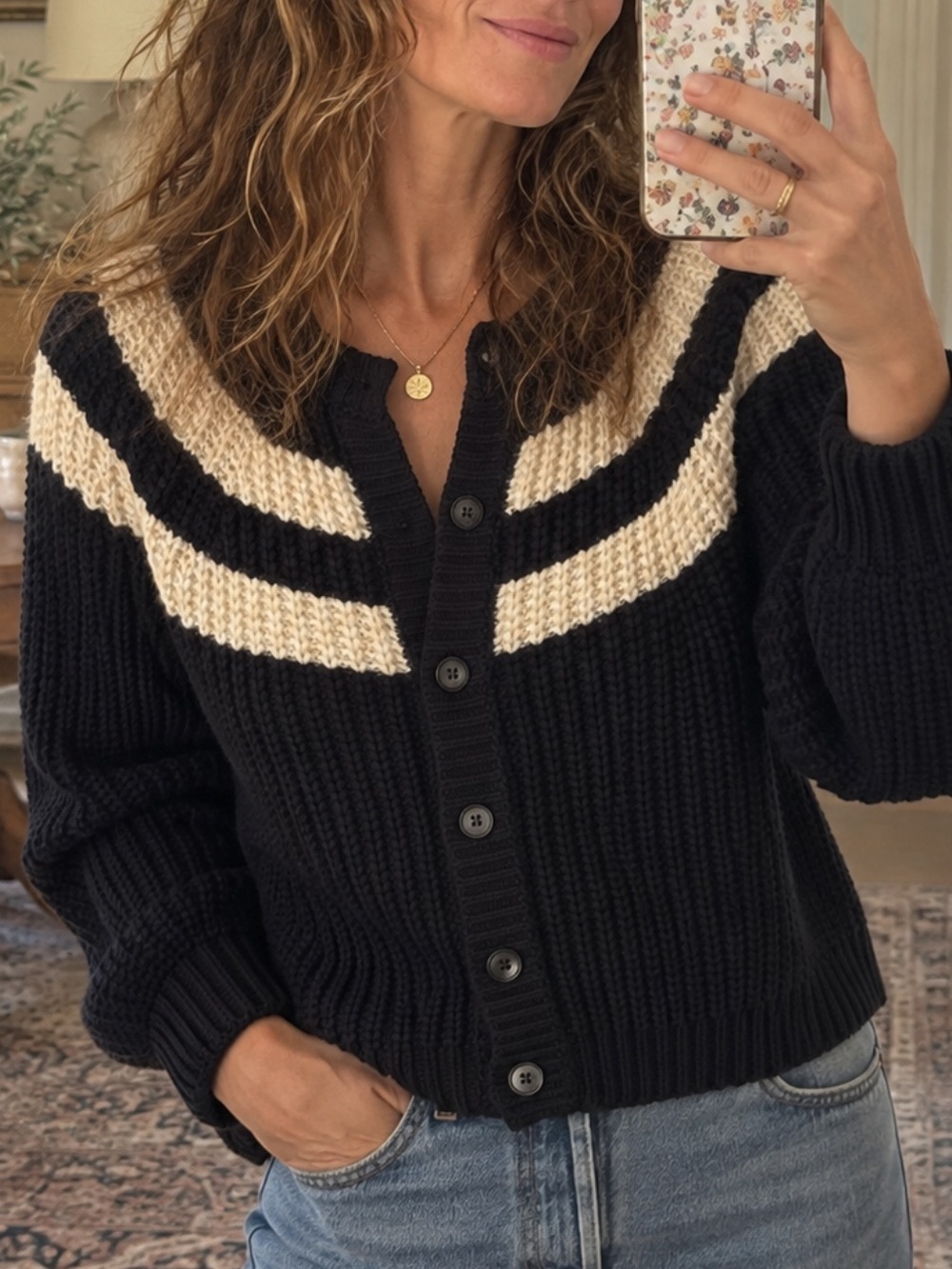THE GREAT. The Sophomore Cardigan in Navy with Cream Stripes